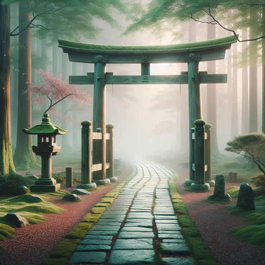A serene torii gate beside a stone path in a misty Japanese garden with soft light and cherry blossom petals, minimalistic and tranquil.