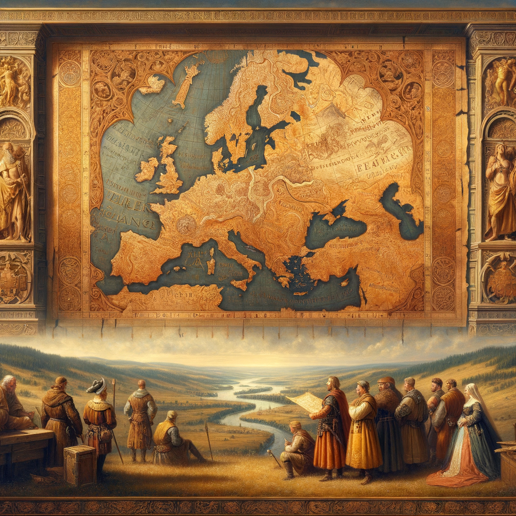 A cinematic depiction of an ancient map illustrating Germanic tribes spreading across Europe, styled after 1960s historical films.