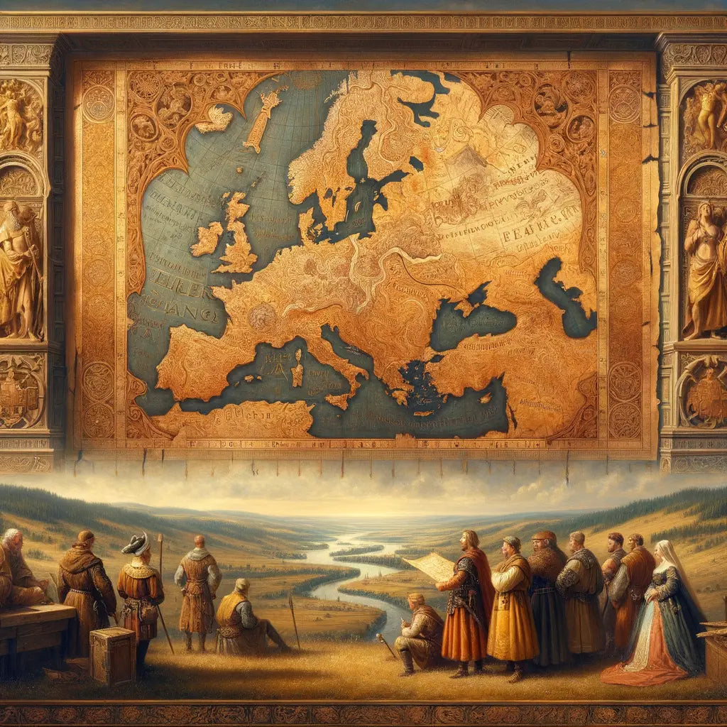 A cinematic depiction of an ancient map illustrating Germanic tribes spreading across Europe, styled after 1960s historical films.