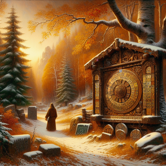 Traditional German calendar displayed outdoors surrounded by autumn leaves and light winter snow, with Norse symbols subtly carved in wooden panels in a quiet forest clearing.