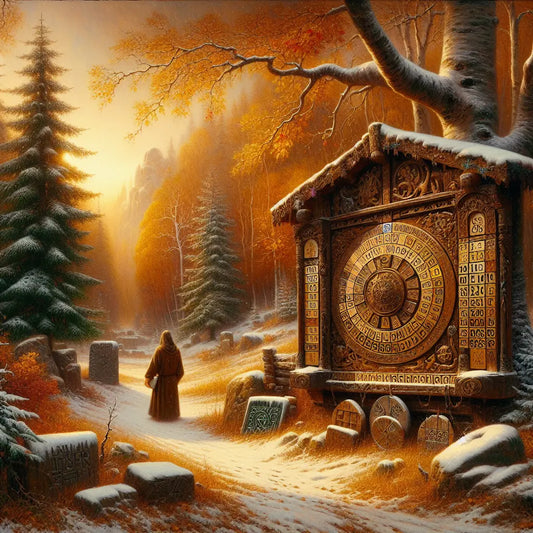 Traditional German calendar displayed outdoors surrounded by autumn leaves and light winter snow, with Norse symbols subtly carved in wooden panels in a quiet forest clearing.