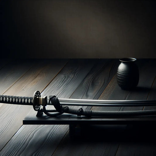 A traditional Japanese katana sword with a delicately detailed handle displayed on a dark wooden table, evoking craftsmanship and timeless elegance.