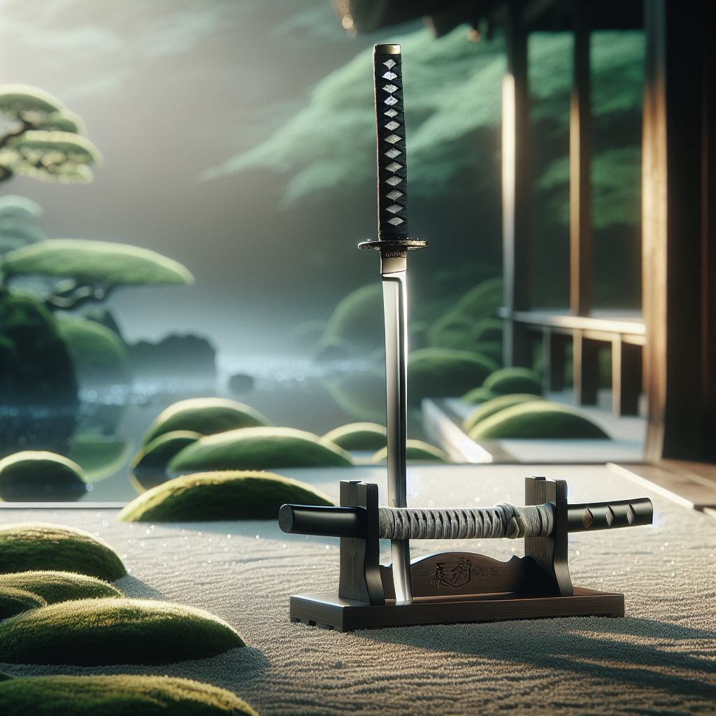 A traditional Japanese katana sword displayed simply on a wooden stand with a blurred serene garden background, highlighting craftsmanship and cultural heritage.