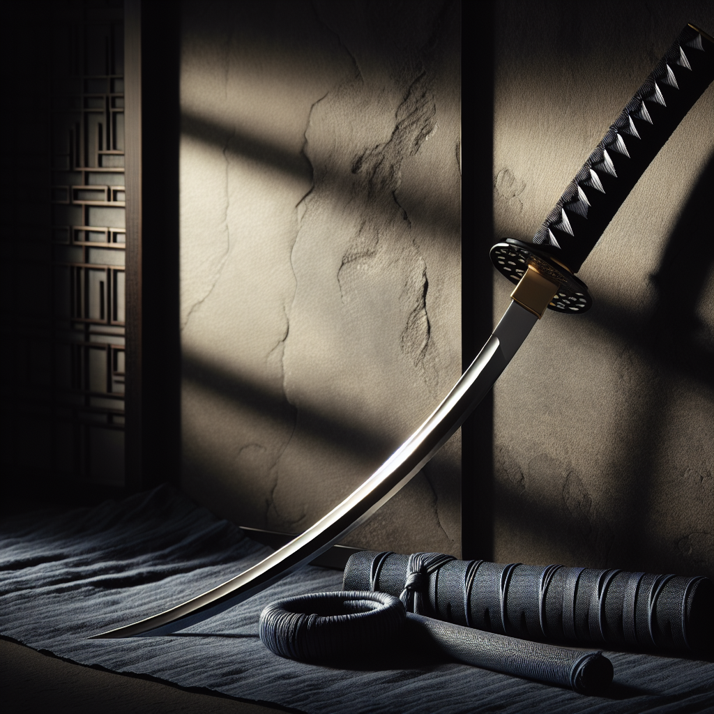 A traditional Japanese katana sword with a polished curved blade and intricately wrapped hilt against a dark textured background, evoking cultural heritage and disciplined tradition in a minimalist style.
