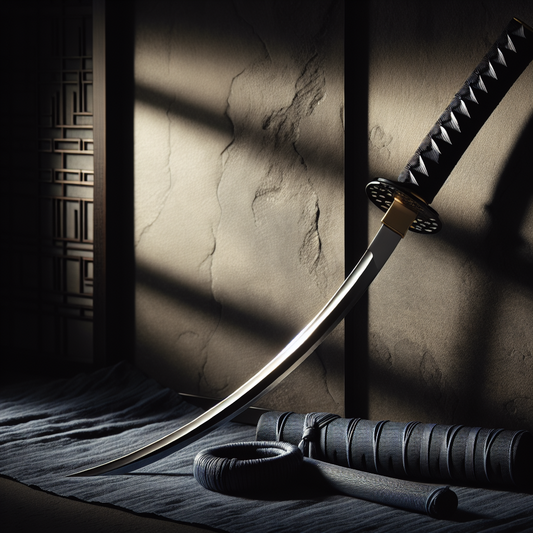 A traditional Japanese katana sword with a polished curved blade and intricately wrapped hilt against a dark textured background, evoking cultural heritage and disciplined tradition in a minimalist style.