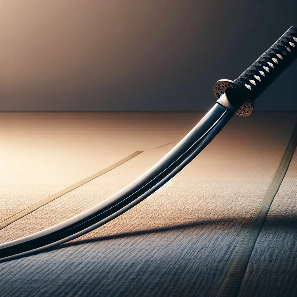A traditional Japanese katana with a softly glowing curved blade and elegant craftsmanship displayed on a simple textured surface with muted background, minimalistic and serene.