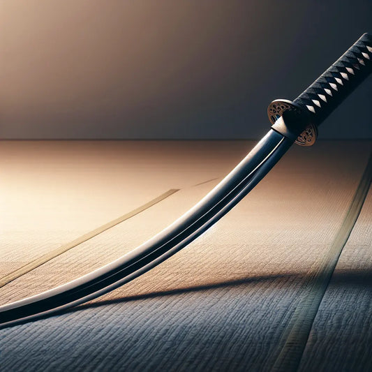A traditional Japanese katana with a softly glowing curved blade and elegant craftsmanship displayed on a simple textured surface with muted background, minimalistic and serene.