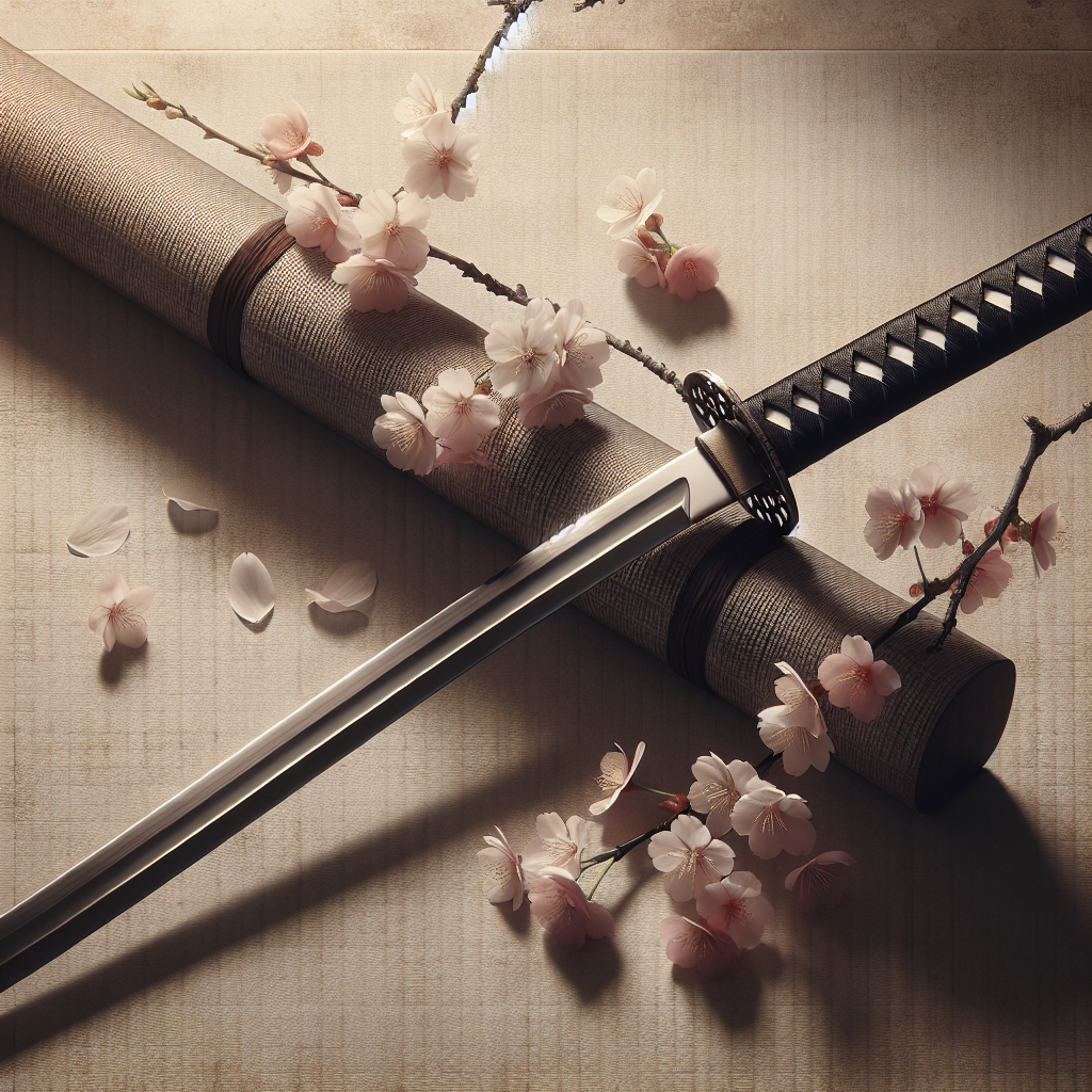 Traditional Japanese katana resting beside delicate cherry blossom petals on a textured mat, with soft, muted background and gentle lighting evoking honor and transience.