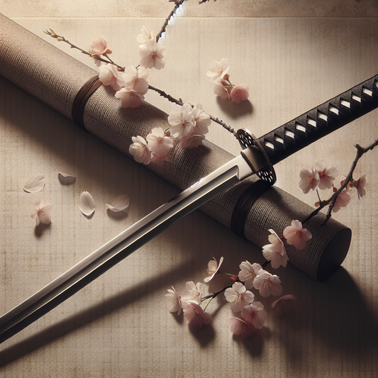 Traditional Japanese katana resting beside delicate cherry blossom petals on a textured mat, with soft, muted background and gentle lighting evoking honor and transience.