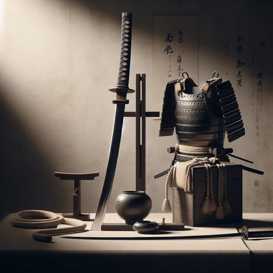 A traditional Japanese katana displayed elegantly in front of samurai armor with soft lighting, minimalistic and serene, symbolizing honor and heritage.