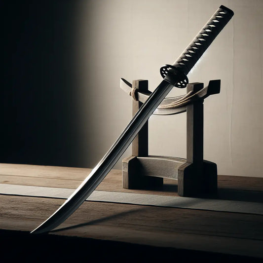 Close-up of a traditional Japanese katana sword displayed on a wooden rack with soft natural light highlighting its elegant curved blade and sharp tip in a minimalist setting.