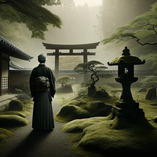 A traditional Japanese man in a dark, simple kimono stands peacefully in a serene garden with soft natural light and subtle textures, radiating elegance and cultural heritage.