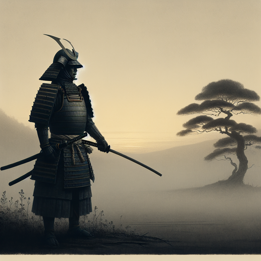 A traditional Japanese samurai warrior in full armor stands confidently on a misty battlefield at dawn, holding a katana sword. Minimalist and serene.