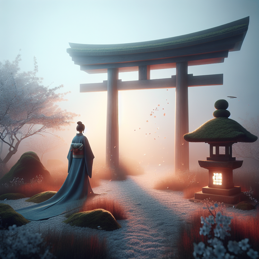 A minimalist traditional Japanese scene with a softly glowing torii gate at dusk and a lone kimono-clad figure symbolizing cultural unity and respect in a serene setting.