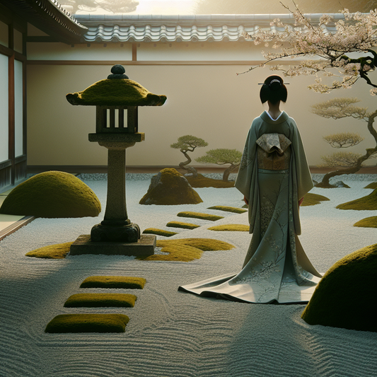 Traditional Japanese woman in a flowing kimono stands gracefully in a quiet garden with a stone lantern and cherry blossoms, bathed in soft natural light.