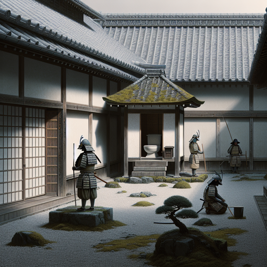 A tranquil traditional Japanese samurai courtyard with a small squat toilet in the corner and samurai warriors in muted armor performing daily tasks in soft natural light, minimalist and harmoniously balanced.