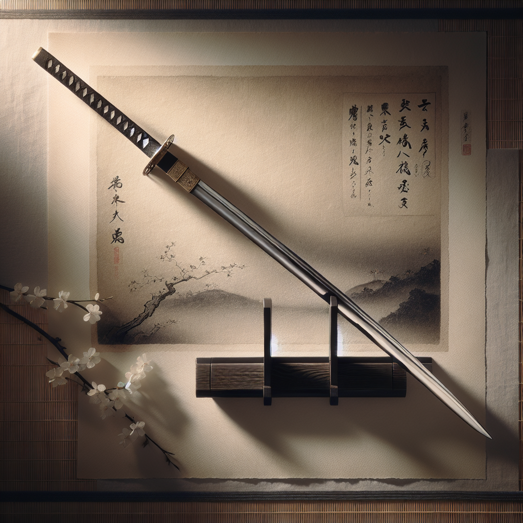 A traditional samurai katana blade resting on a wooden stand, gleaming softly under sunlight with visible intricate steel patterns, portrayed in a minimalist Japanese art style.