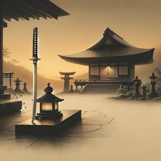 A traditional samurai katana displayed with elegance against a calm Japanese temple at sunset, symbolizing cultural heritage and balance with subtle warm light and serene atmosphere.