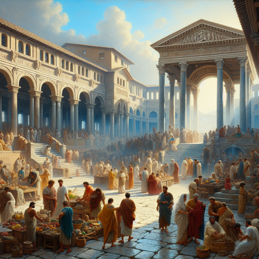 Detailed view of Trajan's Market in ancient Rome bustling with merchants and buyers in Roman attire among multi-level stone architecture under a bright Mediterranean sky.
