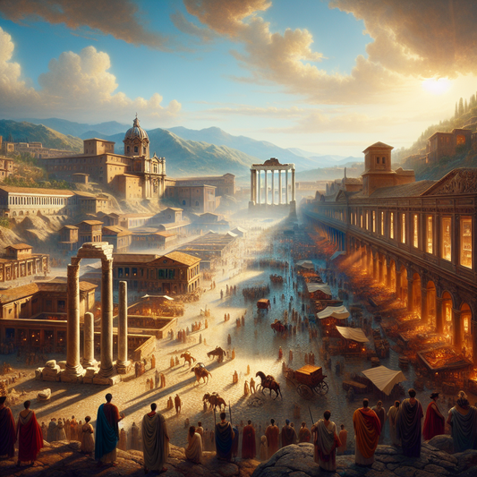Wide panoramic view of Trajan's Market in ancient Rome under bright blue skies with tourists exploring the multi-level ancient brick structures, Imperial Forums ruins in the background, styled like a 1960s historical epic film painting.