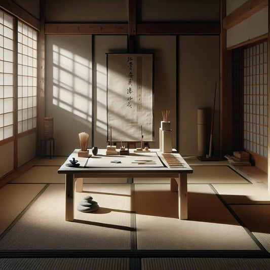 Traditional Japanese art studio with ink brushes, rice paper and soft natural light creating a calm, creative atmosphere inspired by Hokusai.