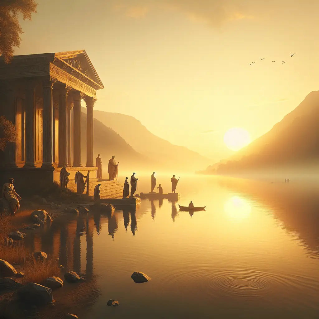 A tranquil lake at sunrise with toga-clad philosophers, capturing a Stoic mindset in a 1960s historical epic style.