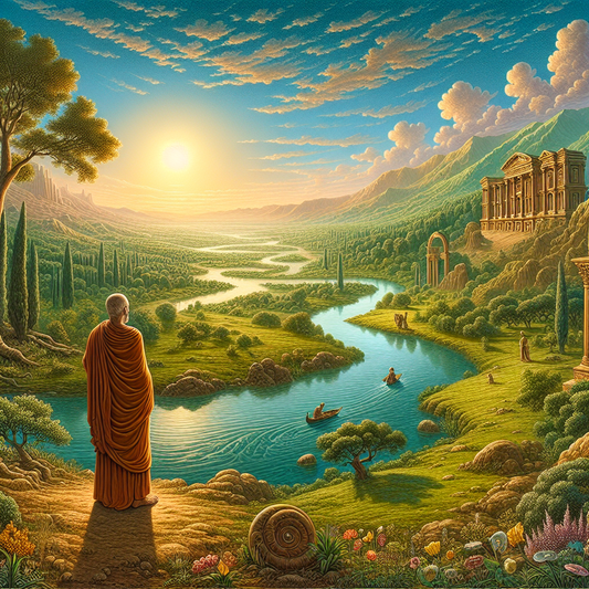 A tranquil river scene with a philosopher beside it, blending Buddhist and Stoic philosophies with Roman epic style.