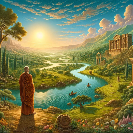 A tranquil river scene with a philosopher beside it, blending Buddhist and Stoic philosophies with Roman epic style.