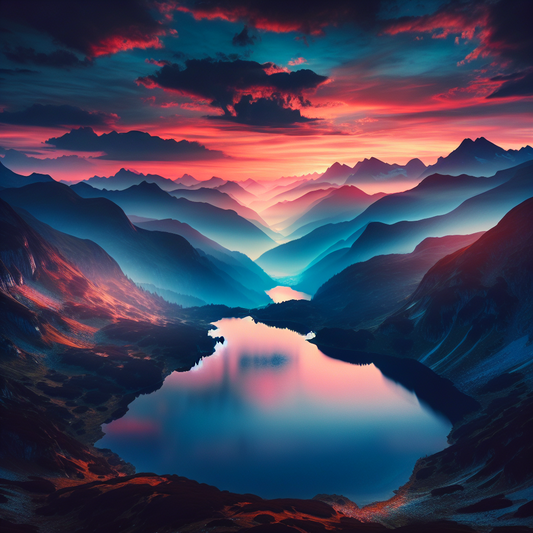 A peaceful sunset over a lake with mountains in the background