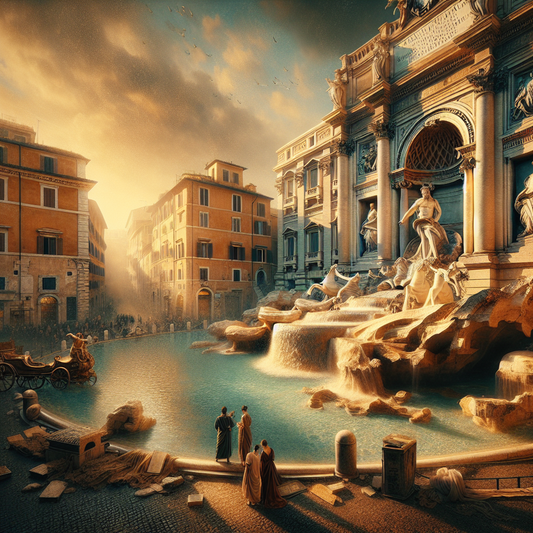 The Trevi Fountain in Rome at sunrise with Baroque sculptures of Neptune and Tritons surrounded by ancient Roman architecture, illuminated by warm morning light.