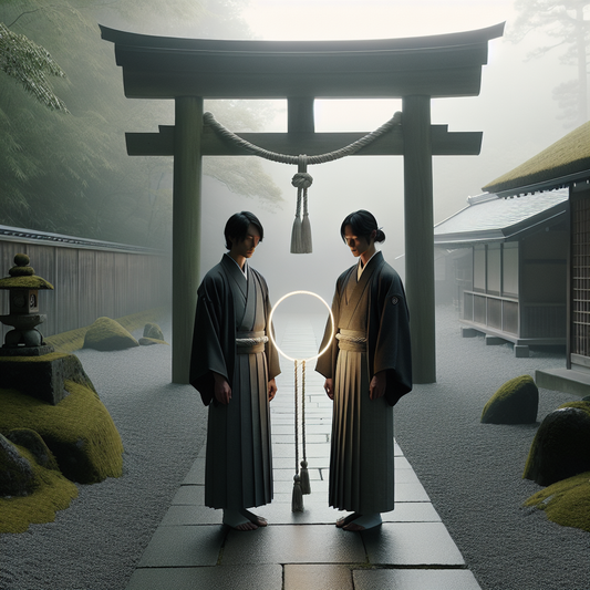 Two brothers in traditional robes stand beside a moss-covered Shinto gate, one holding a softly glowing emblem, in a serene and minimalist Japanese garden with drifting sakura petals.