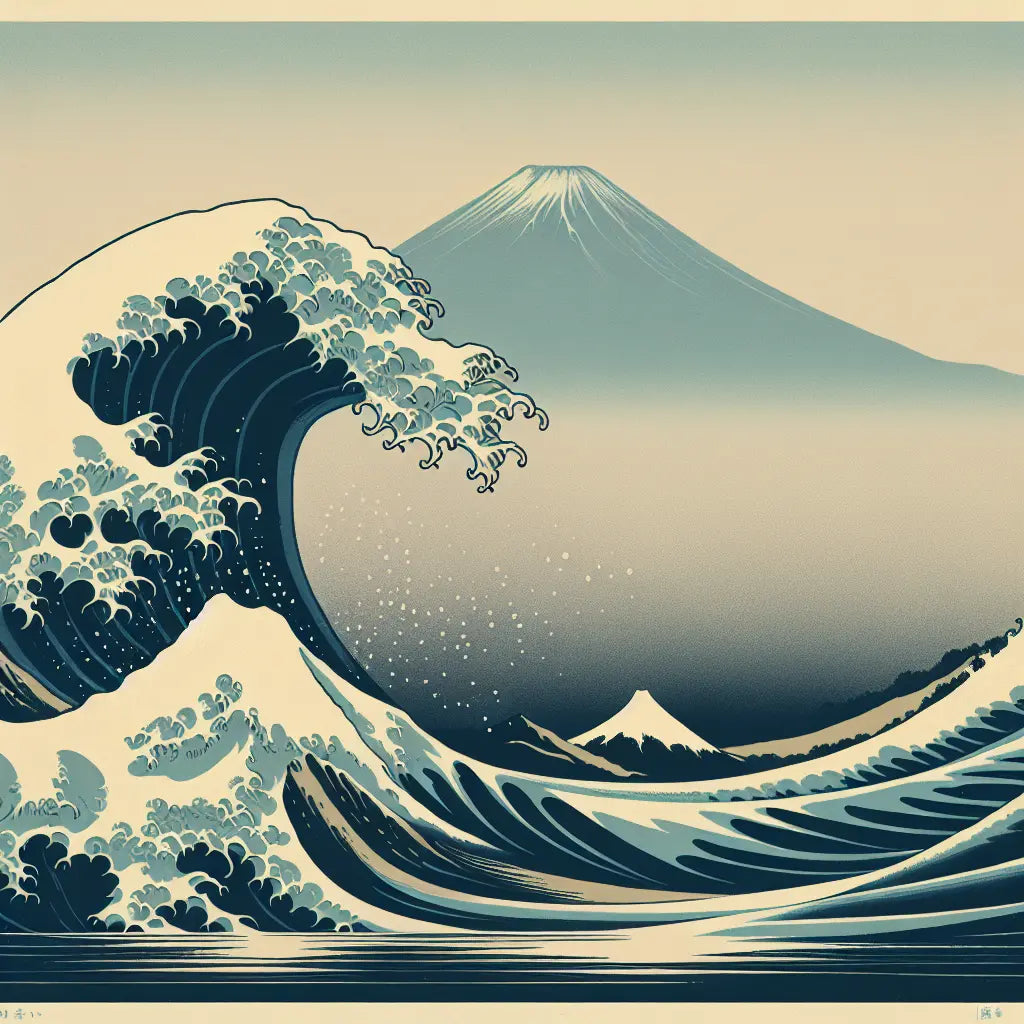 A dramatic ocean wave curling in ukiyo-e style with Mount Fuji quietly standing in the background, evoking timeless beauty and cultural depth.