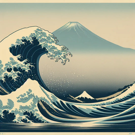 A dramatic ocean wave curling in ukiyo-e style with Mount Fuji quietly standing in the background, evoking timeless beauty and cultural depth.
