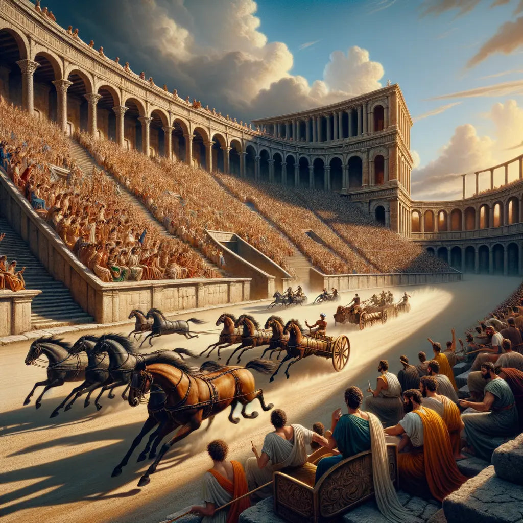 Chariot race in the Circus Maximus, surrounded by Roman citizens, with ancient buildings in the background, styled like a 1960s epic film.