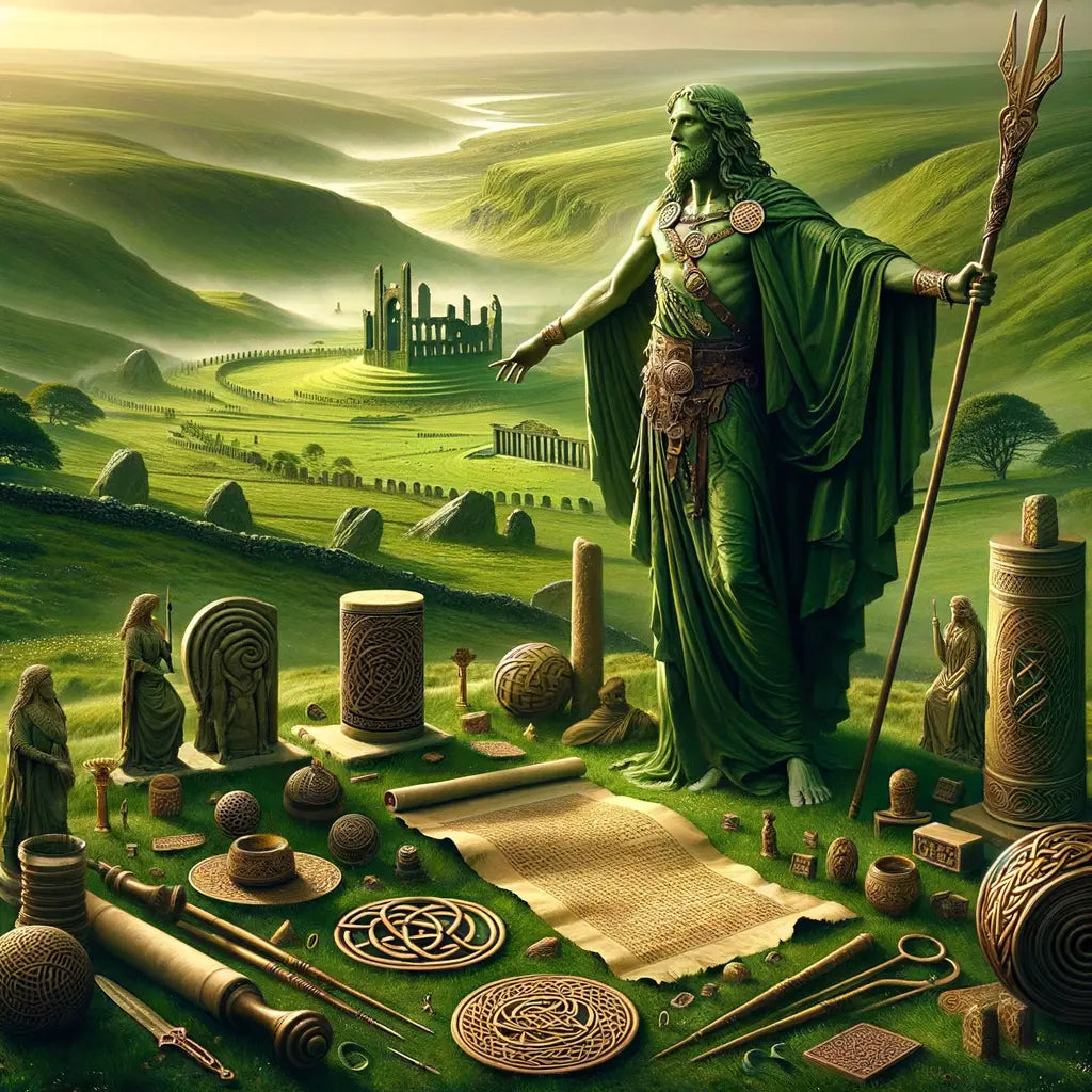 Lugh, the Celtic god, depicted in a lush green landscape, extending his arm amidst symbols of crafts and wisdom, styled like a 1960s historical epic.