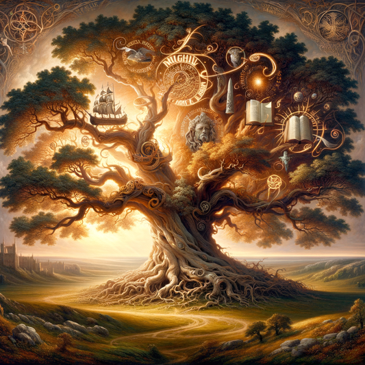 A grand painting of an ancient tree with sprawling branches, symbolizing the Germanic language family's spread, featuring an English book, a Viking ship, and Gothic scripts.