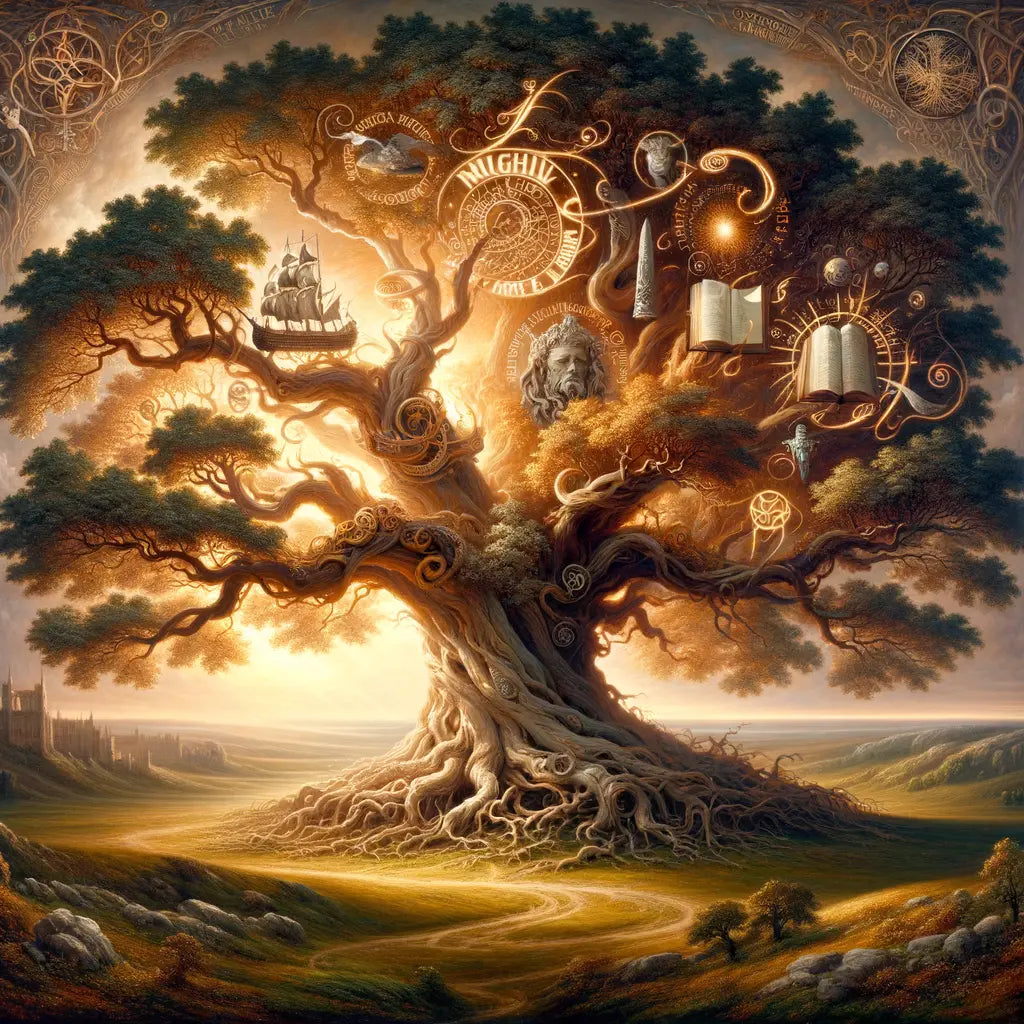 A grand painting of an ancient tree with sprawling branches, symbolizing the Germanic language family's spread, featuring an English book, a Viking ship, and Gothic scripts.