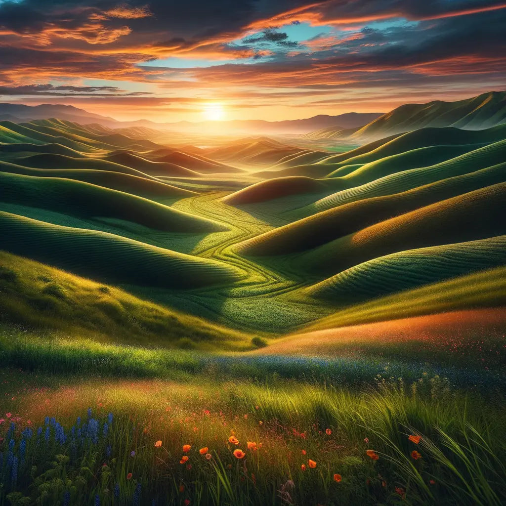 A picturesque view of hills during sunset