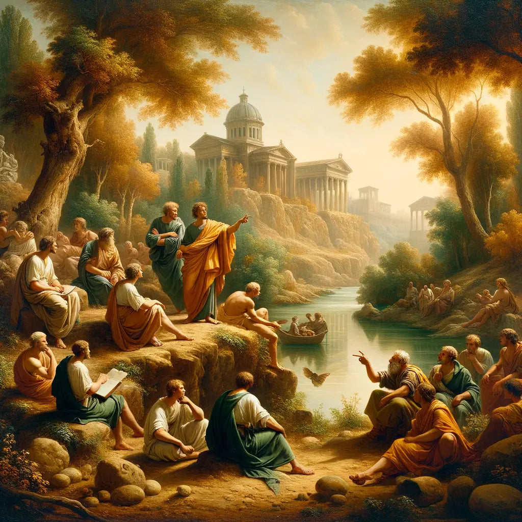 Stoic philosophers by a serene river in a Roman landscape, evoking a 1960s historical epic style.