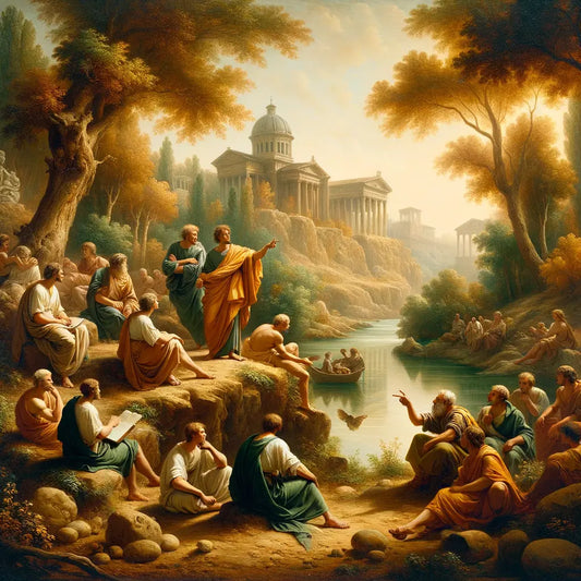 Stoic philosophers by a serene river in a Roman landscape, evoking a 1960s historical epic style.