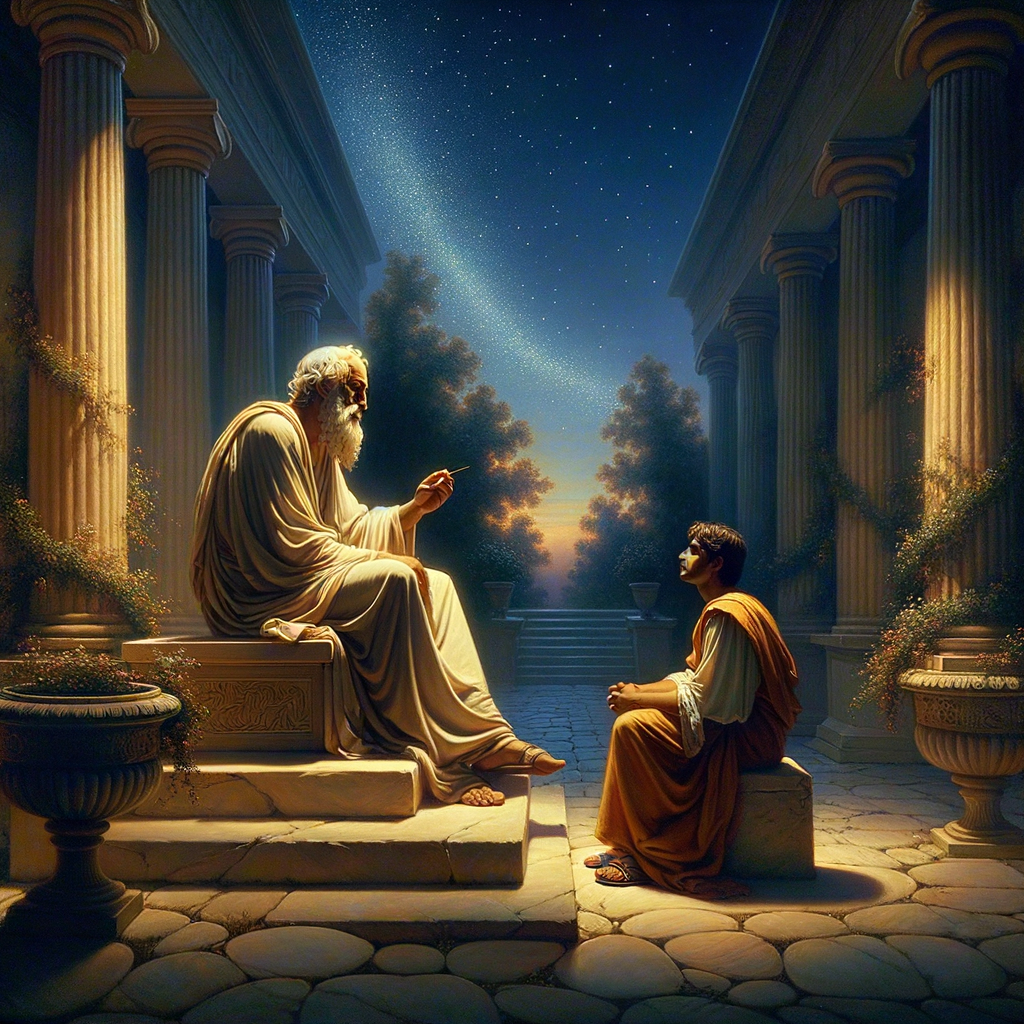 Epictetus teaching a young student under a starry sky, evoking a classic historical film style of the 1960s.