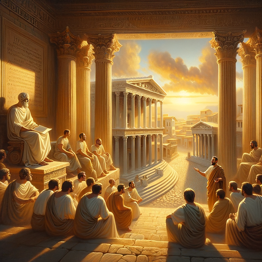 Ancient Greek philosophers, including Zeno of Citium, discuss stoicism in a sunlit forum, evoking a 1960s historical epic film style.