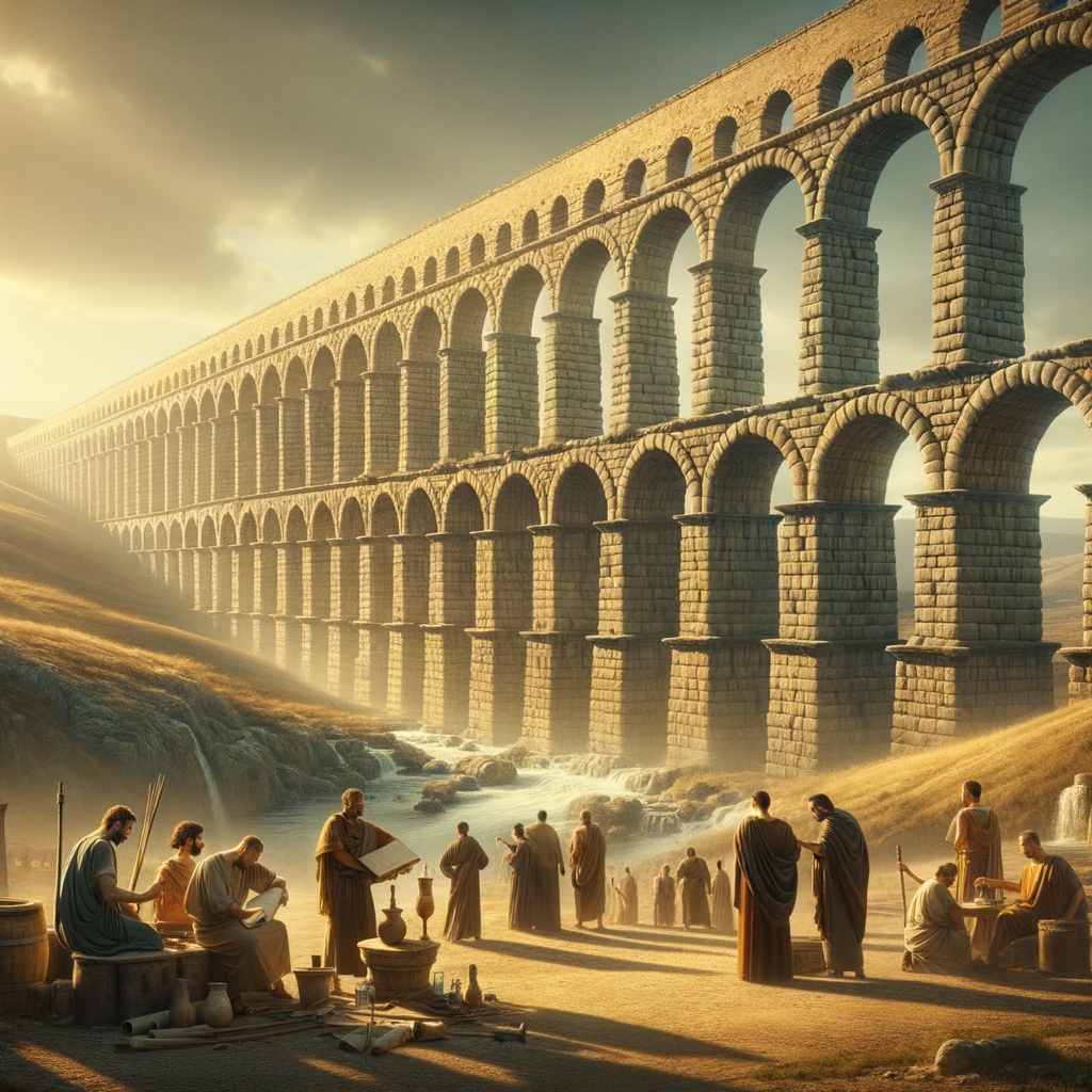 A majestic Roman aqueduct, symbolizing ancient engineering, spans a panoramic landscape, with Roman figures engaged in discussion, echoed by the classic historical film style of the 1960s.