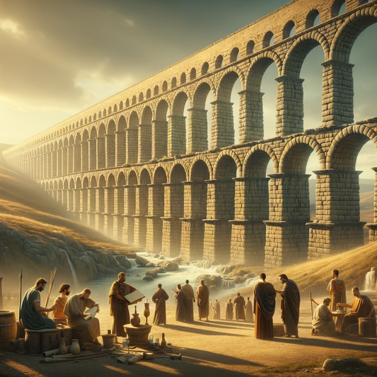 A majestic Roman aqueduct, symbolizing ancient engineering, spans a panoramic landscape, with Roman figures engaged in discussion, echoed by the classic historical film style of the 1960s.