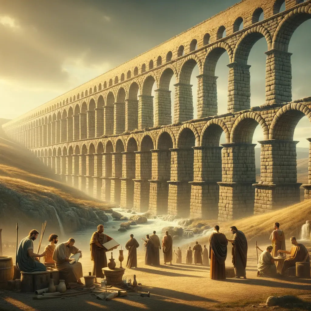 A majestic Roman aqueduct, symbolizing ancient engineering, spans a panoramic landscape, with Roman figures engaged in discussion, echoed by the classic historical film style of the 1960s.