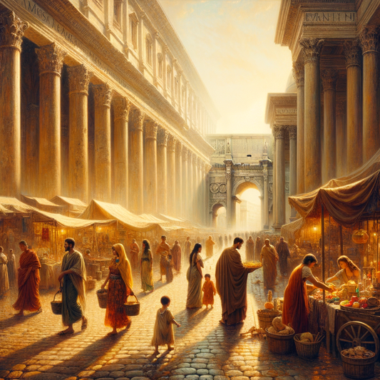Ancient Roman street bustling with people and activity, showcasing a mix of merchants, children, and philosophers, in a warm cinematic style reminiscent of 1960s historical films.