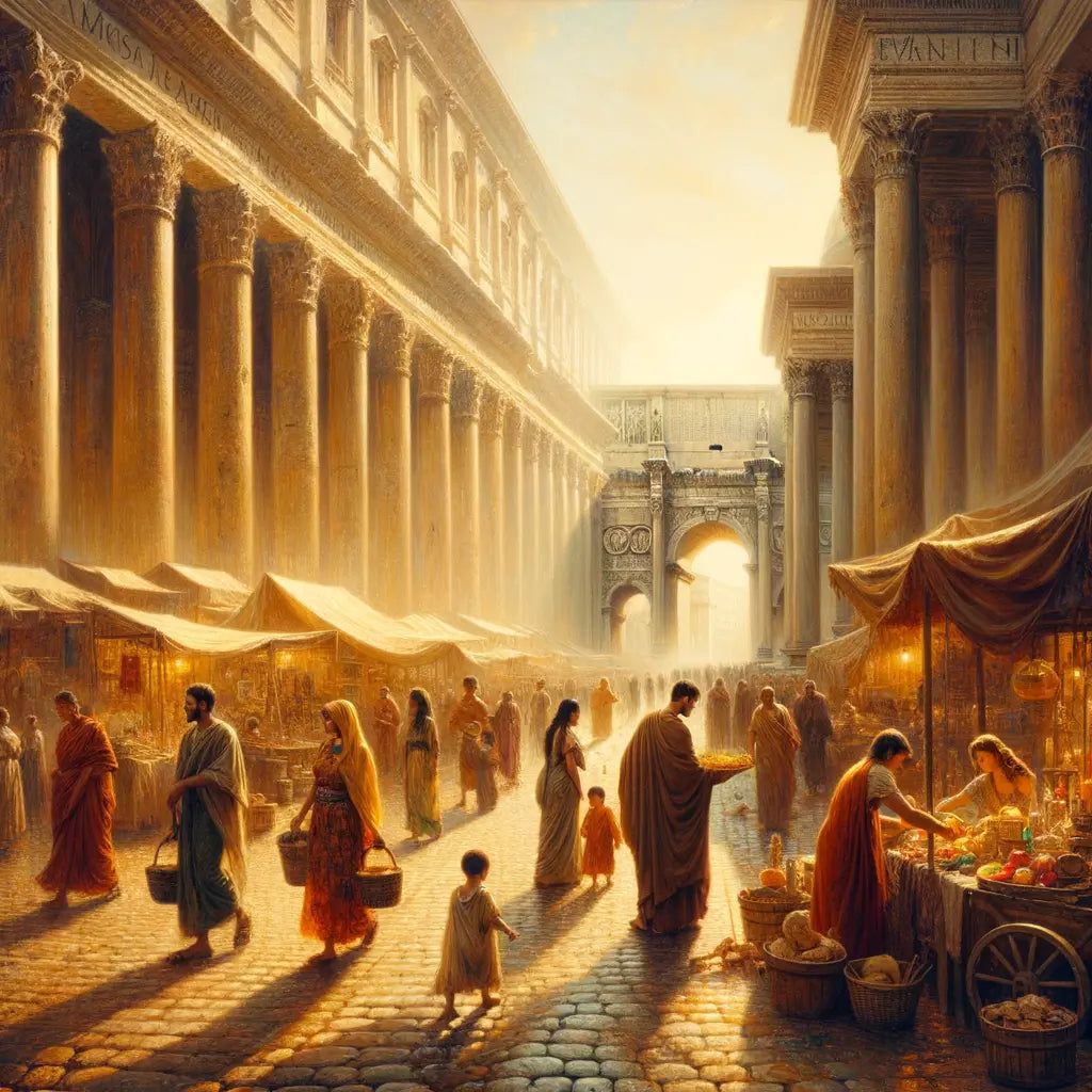 Ancient Roman street bustling with people and activity, showcasing a mix of merchants, children, and philosophers, in a warm cinematic style reminiscent of 1960s historical films.