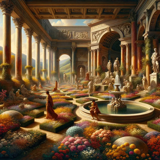 A serene Roman garden with vibrant flowers and occasional weeds, symbolizing the balance of stoicism and imperfection in an epic historical style.