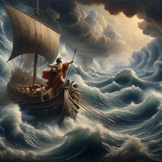A Roman naval officer calmly steering a ship through stormy seas, symbolizing stoic resilience, depicted in the style of 1960s historical films.