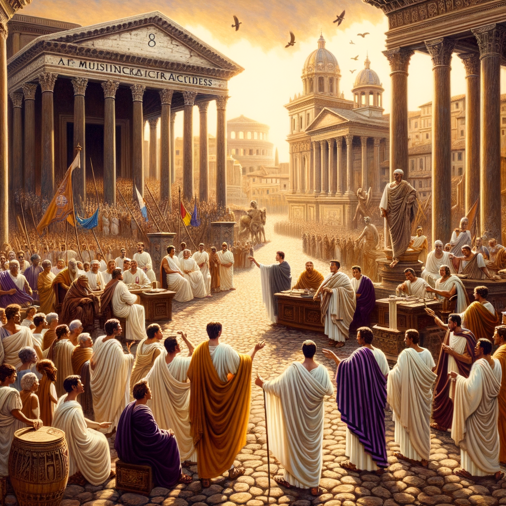 A bustling ancient Roman forum with citizens and senators, framed by classic Roman architecture, in a style echoing 1960s historical epic films.